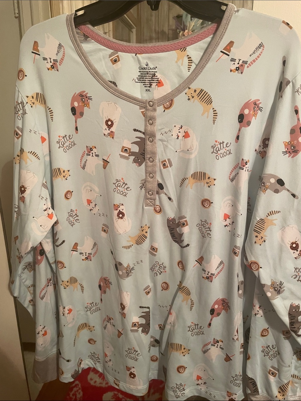 Cuddl Duds Light Blue Henley Top with Latte & Animal Print PJ set.